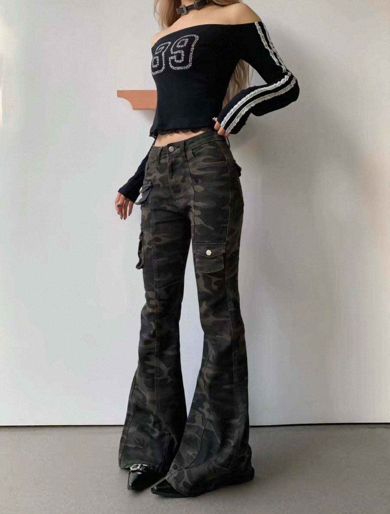 camo flare denim A25