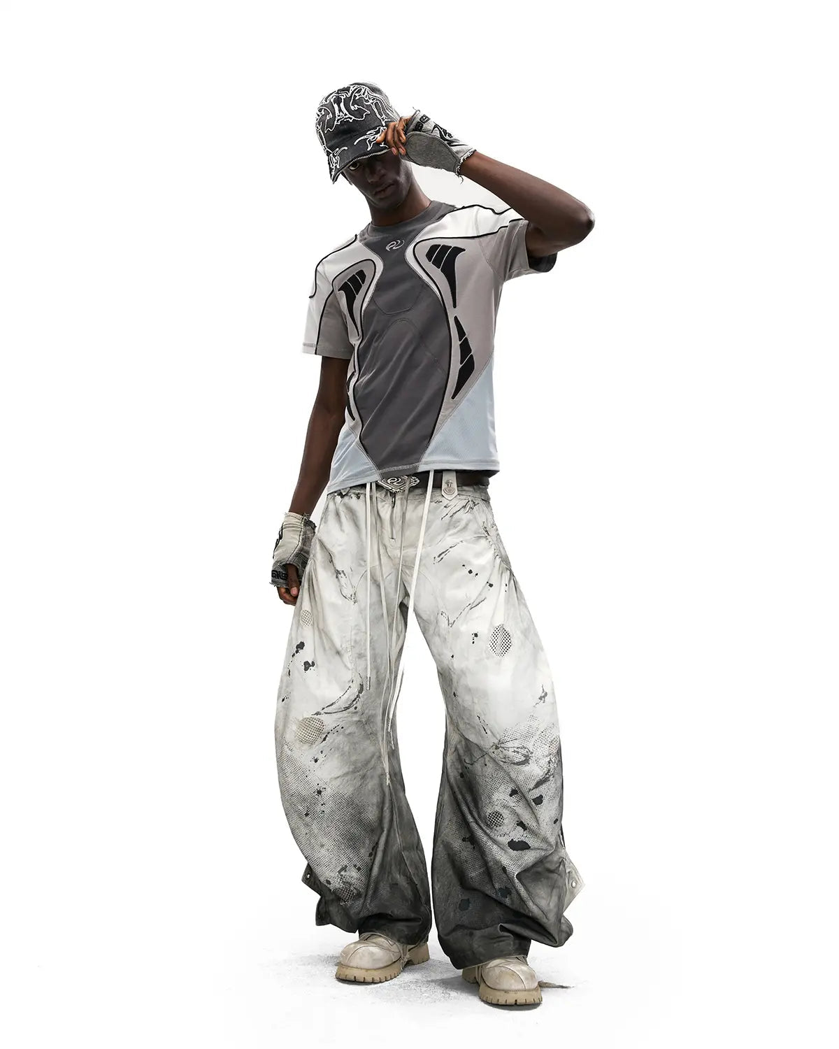 PERSONSOUL CIRCULAR EMBROIDERY ASYMMETRIC DOUBLE-WAIST DENIM JEANS