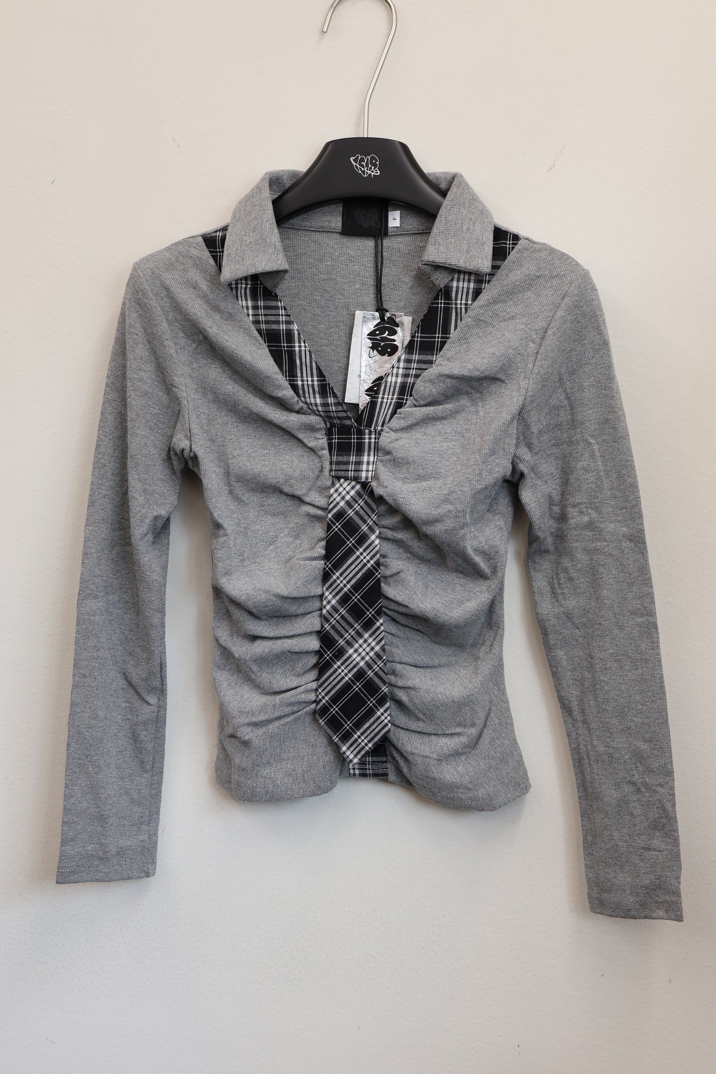 Check Ribbon Gather Shirt A291