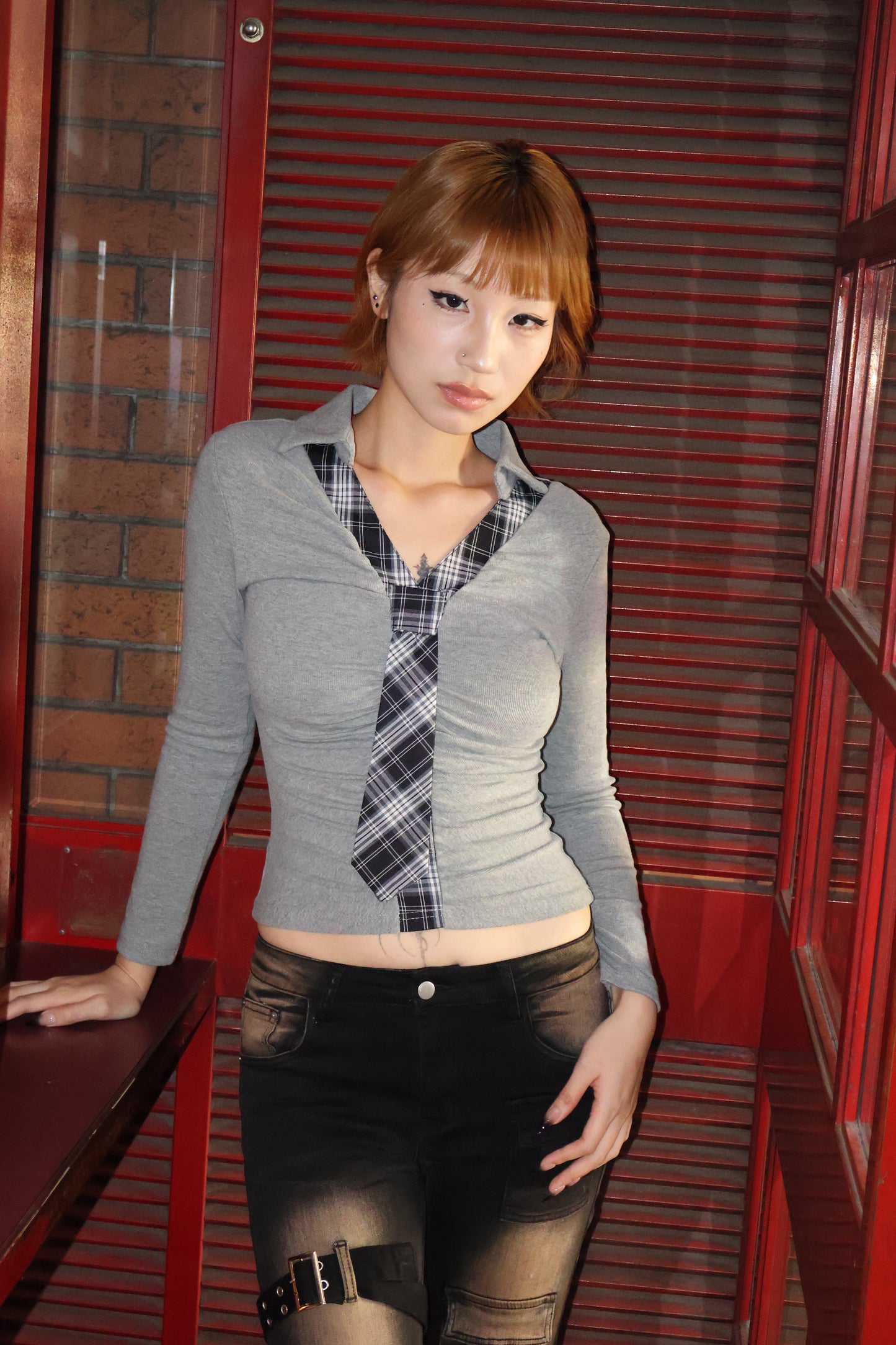 Check Ribbon Gather Shirt A291