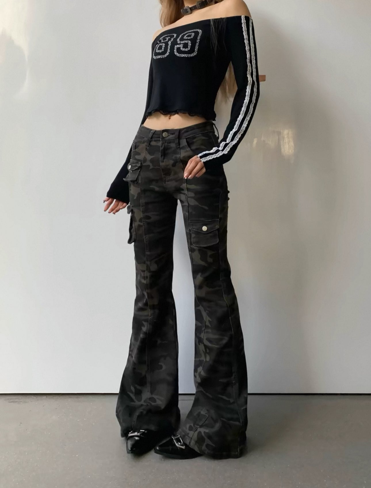 camo flare denim A25