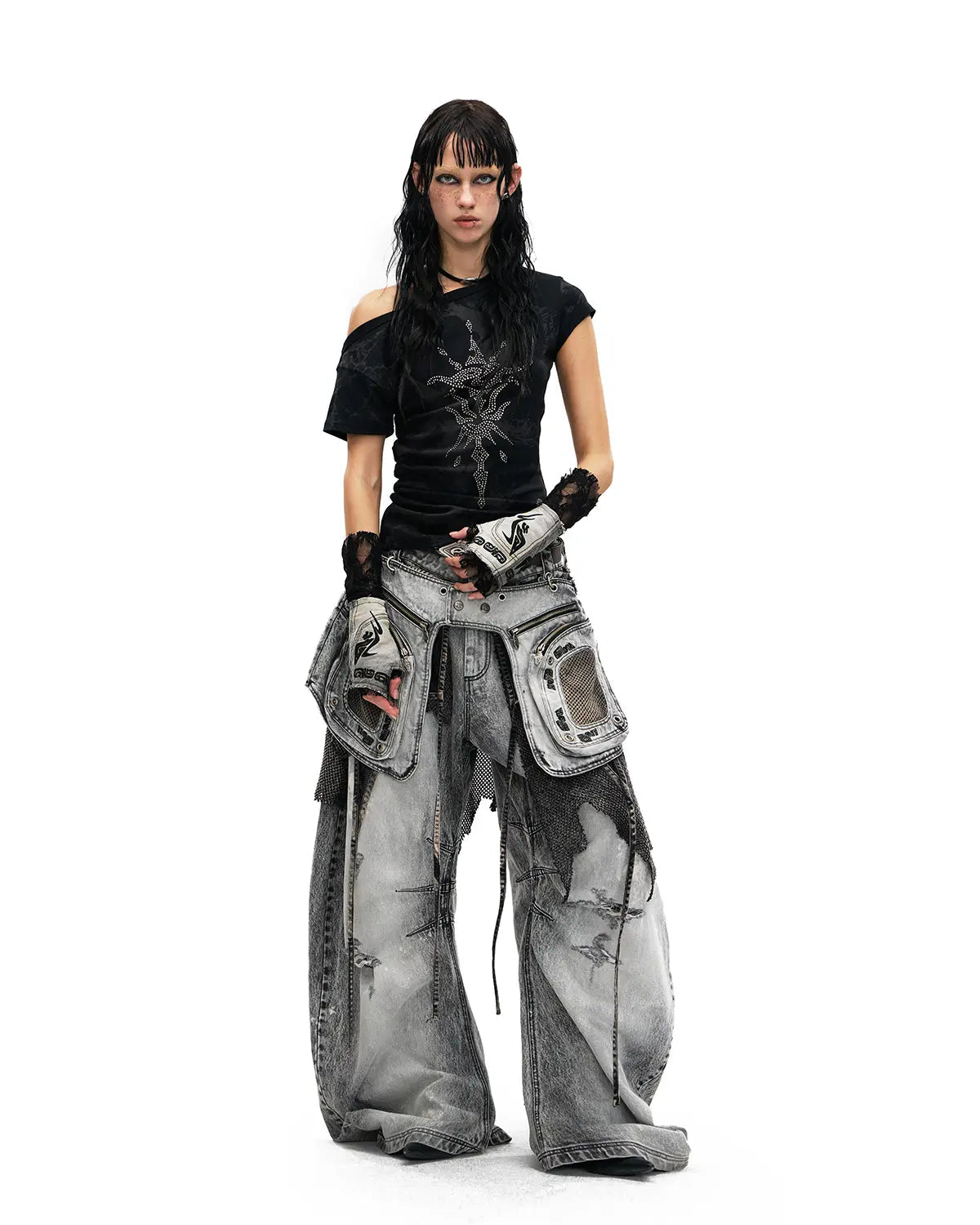 PEPERSONSOUL VINTAGE DETACHABLE PANEL CURVED DENIM JEANS