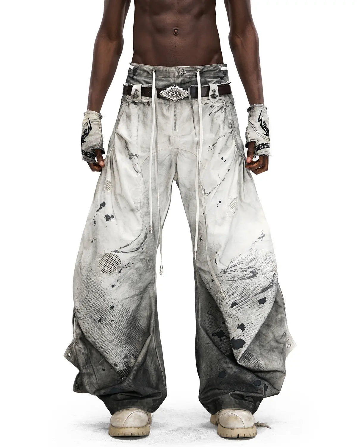 PERSONSOUL CIRCULAR EMBROIDERY ASYMMETRIC DOUBLE-WAIST DENIM JEANS