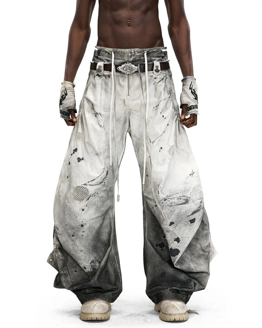 PERSONSOUL CIRCULAR EMBROIDERY ASYMMETRIC DOUBLE-WAIST DENIM JEANS