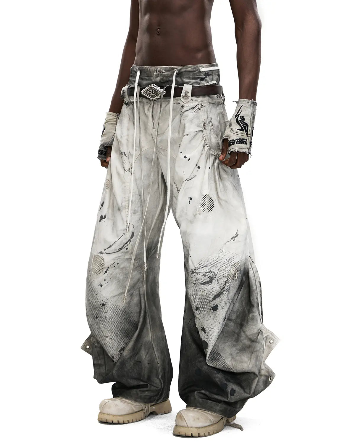 PERSONSOUL CIRCULAR EMBROIDERY ASYMMETRIC DOUBLE-WAIST DENIM JEANS