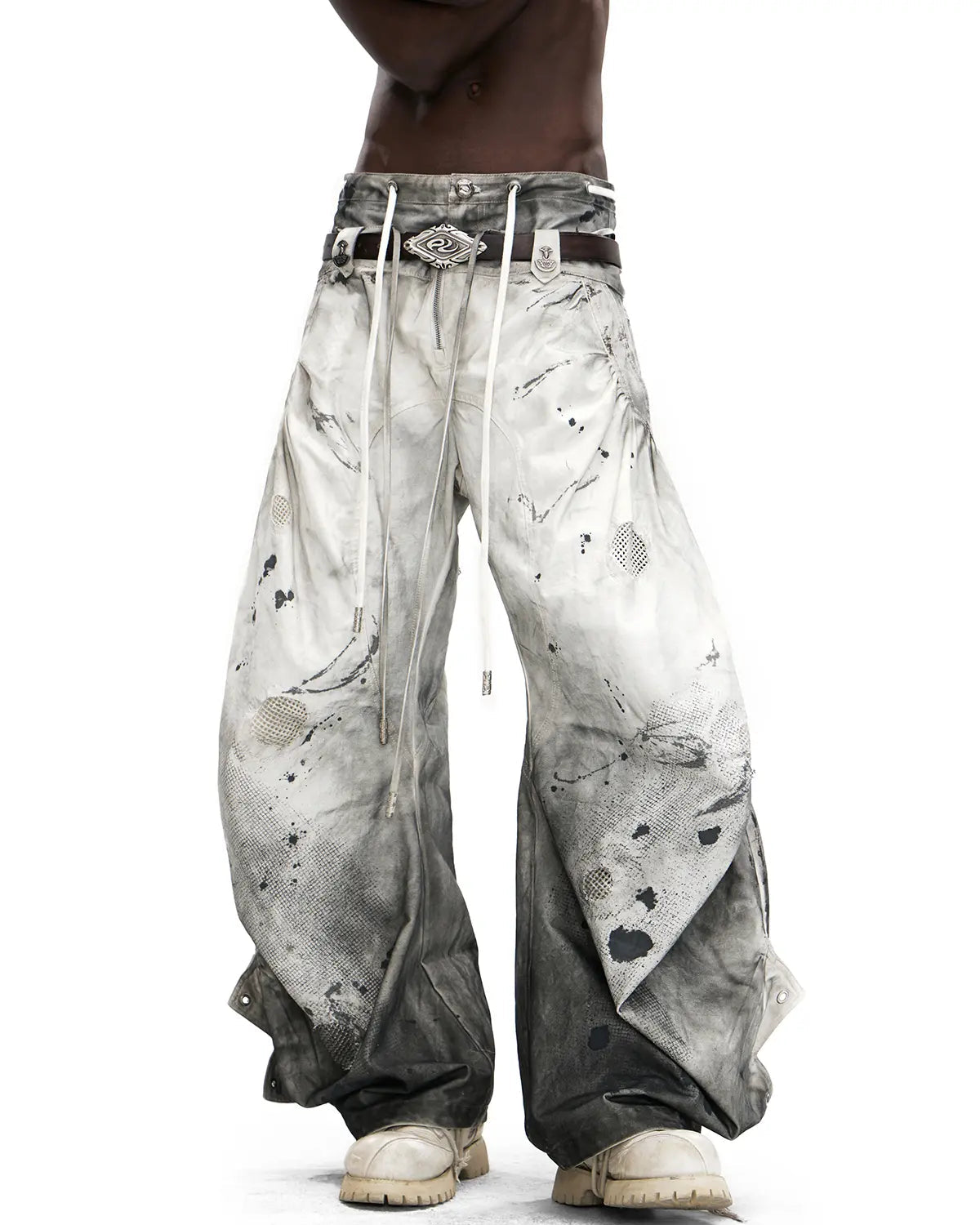 PERSONSOUL CIRCULAR EMBROIDERY ASYMMETRIC DOUBLE-WAIST DENIM JEANS