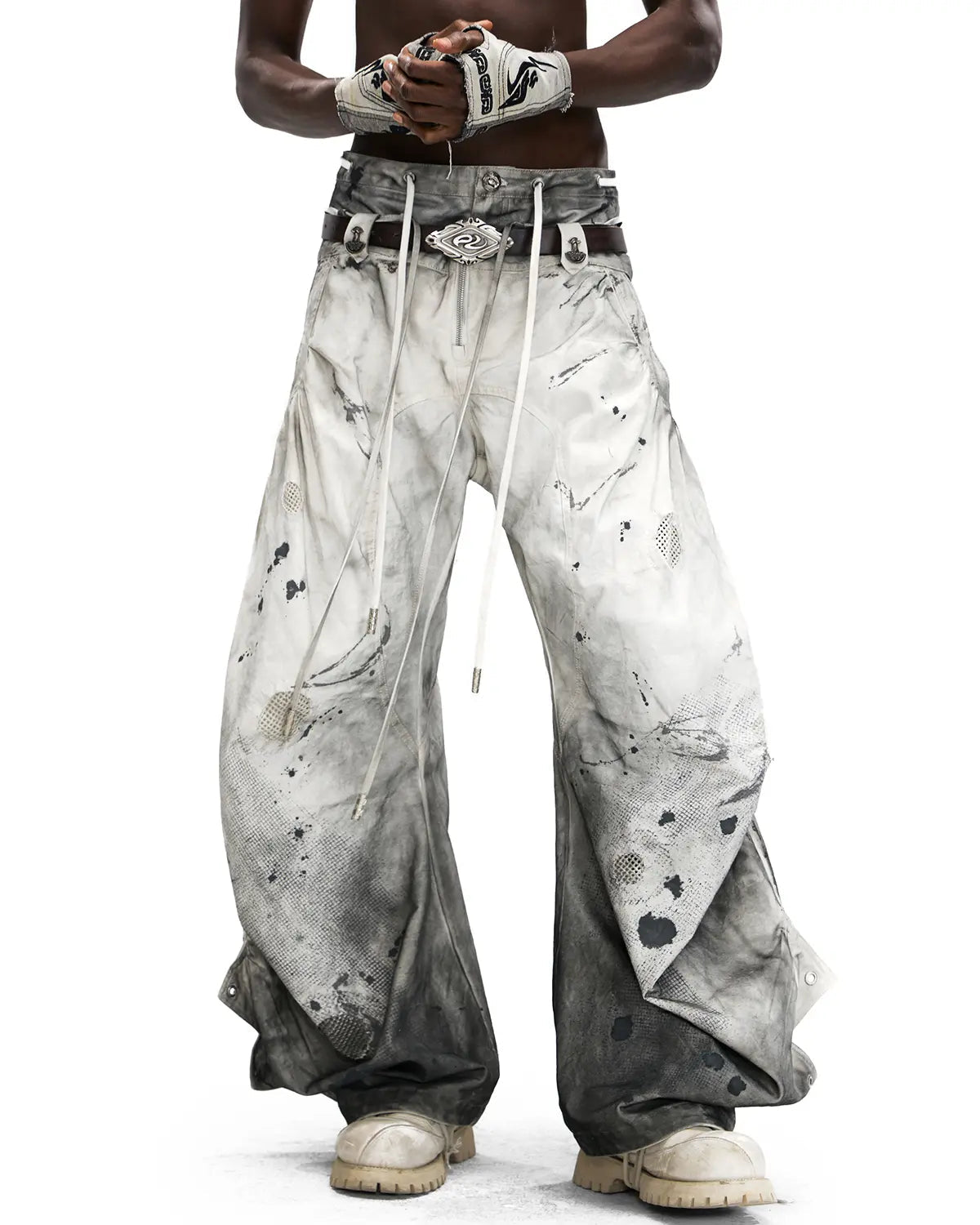 PERSONSOUL CIRCULAR EMBROIDERY ASYMMETRIC DOUBLE-WAIST DENIM JEANS