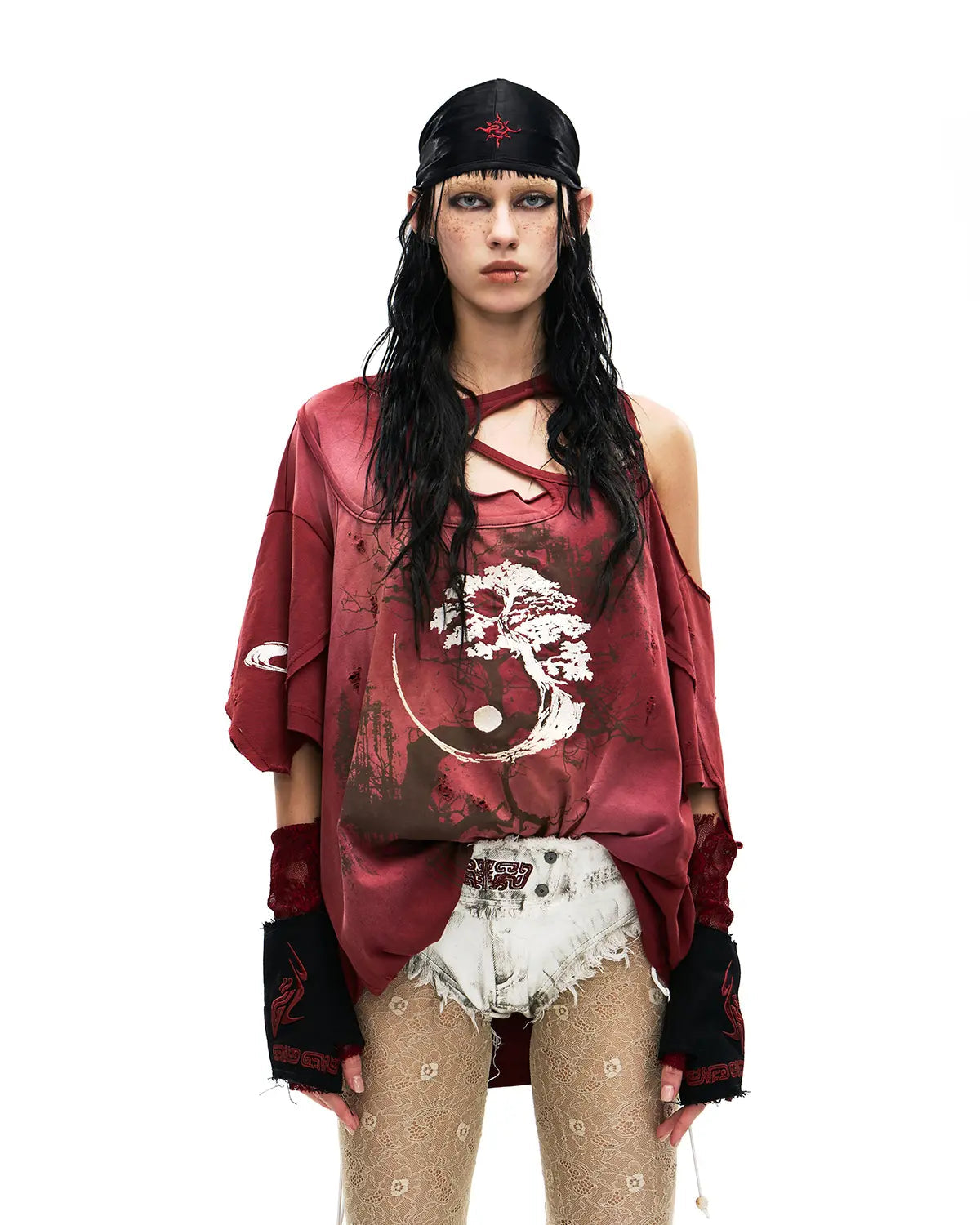 PERSONSOUL INK-WASH DISTRESSED ONE-SHOULDER T-SHIRT