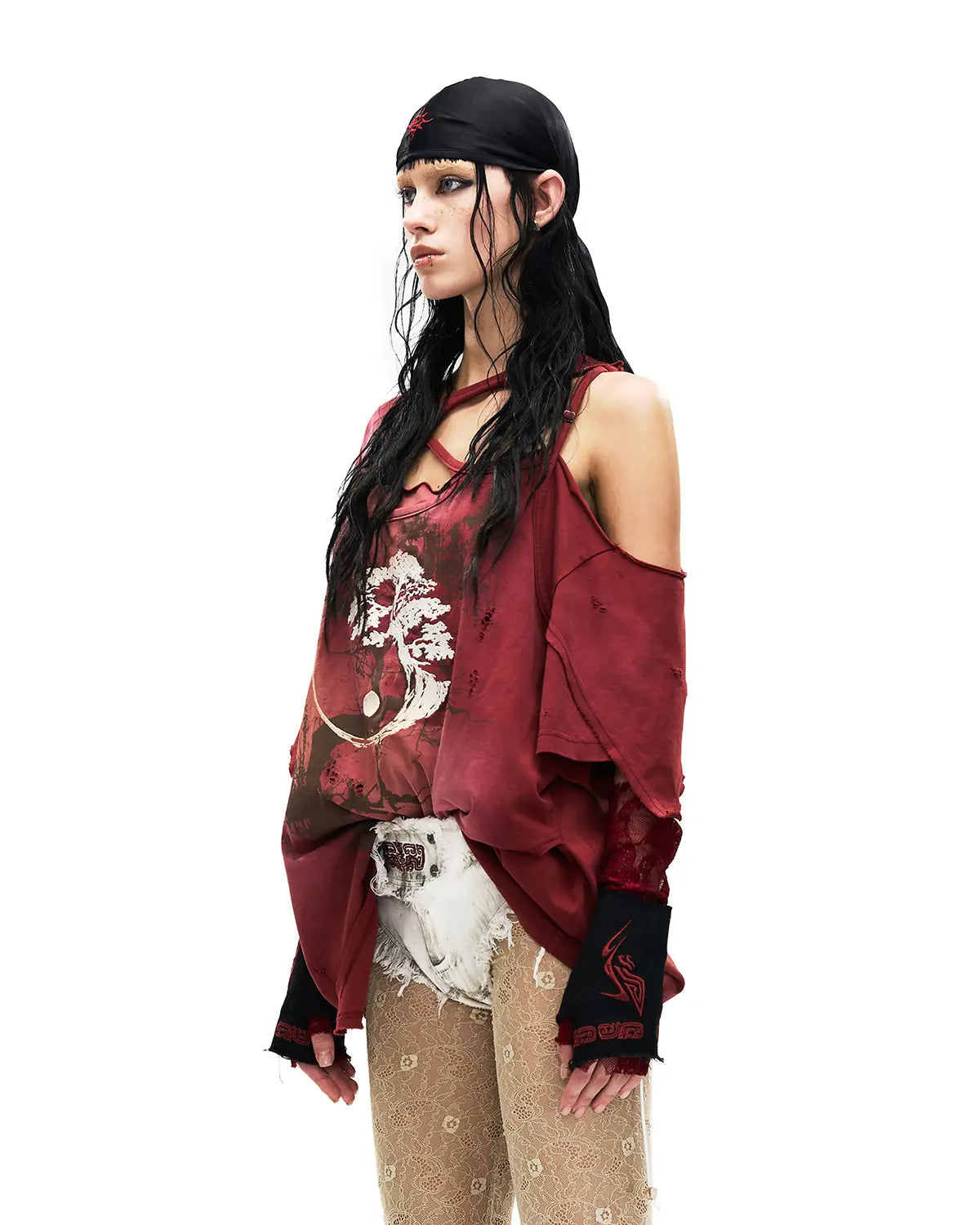 PERSONSOUL INK-WASH DISTRESSED ONE-SHOULDER T-SHIRT