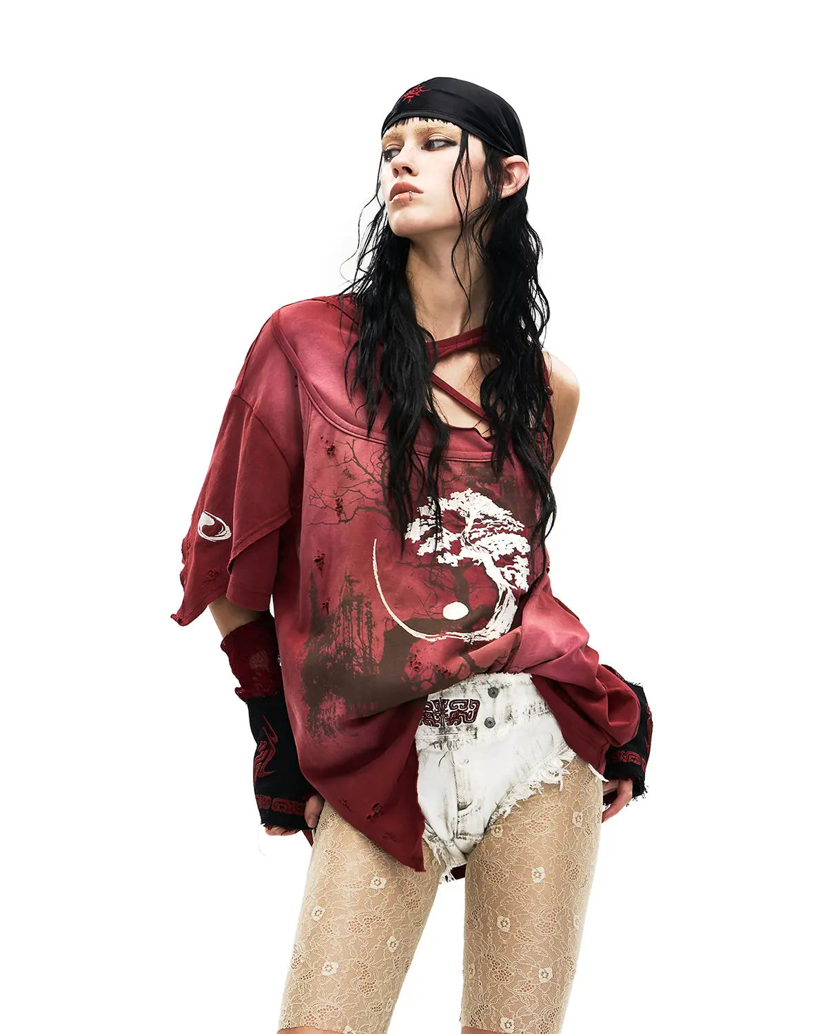 PERSONSOUL INK-WASH DISTRESSED ONE-SHOULDER T-SHIRT