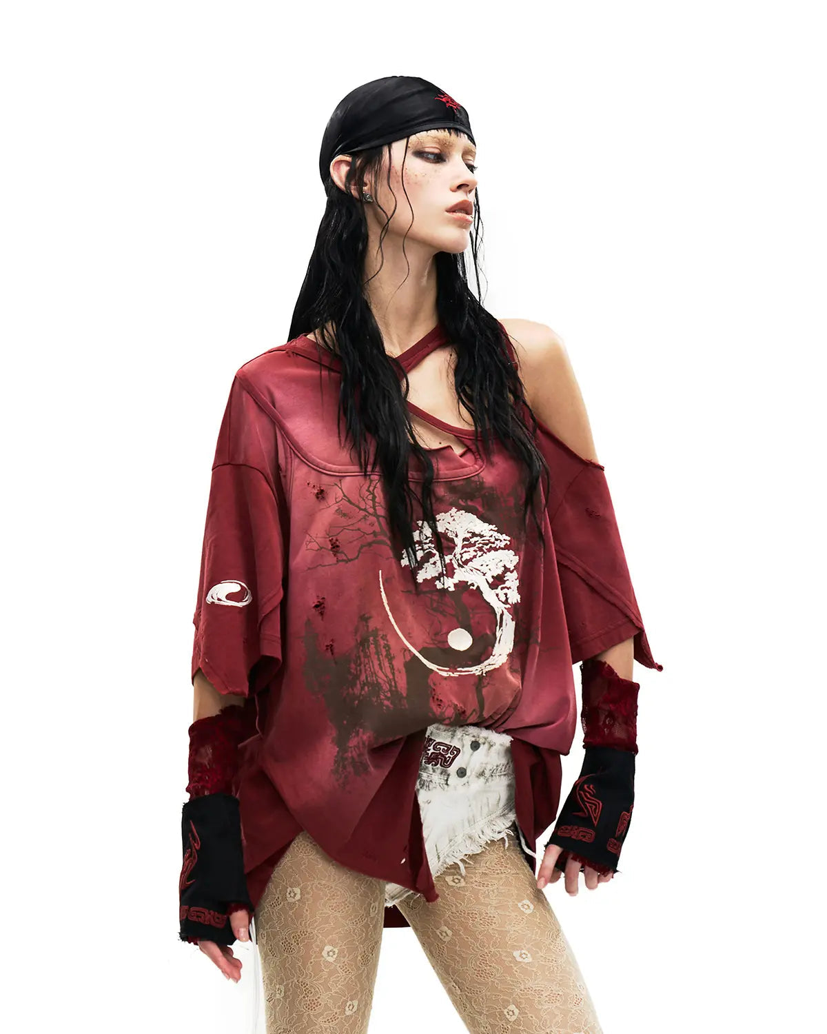 PERSONSOUL INK-WASH DISTRESSED ONE-SHOULDER T-SHIRT