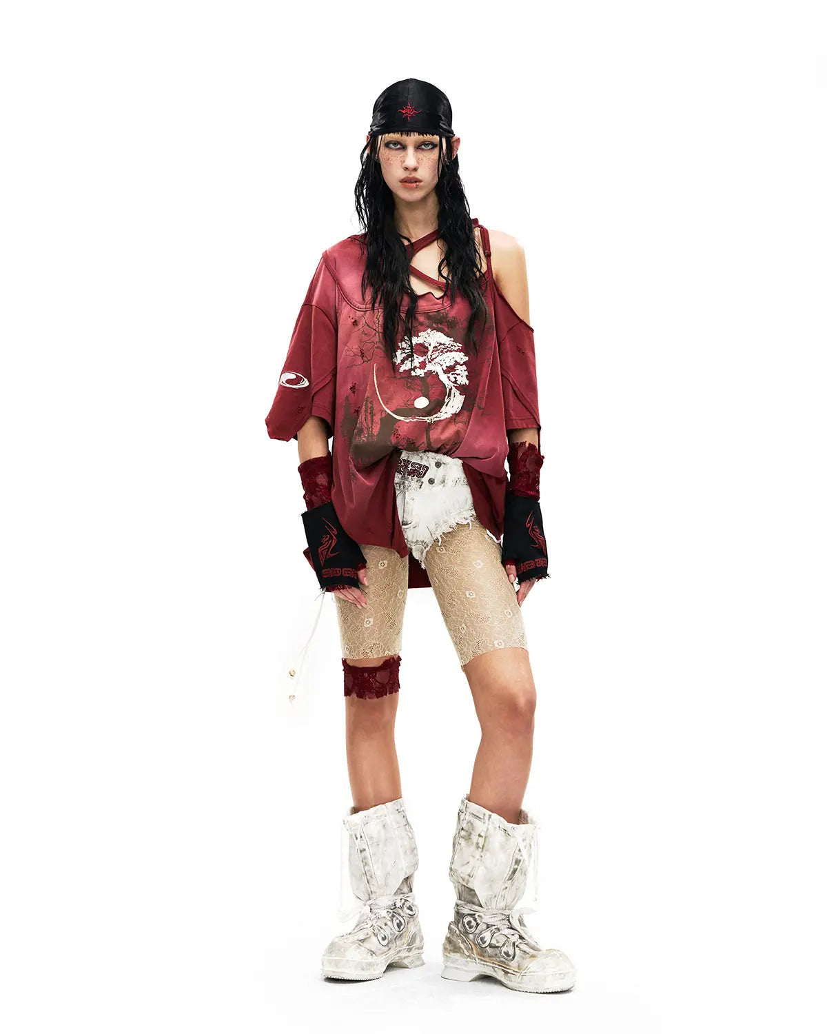 PERSONSOUL INK-WASH DISTRESSED ONE-SHOULDER T-SHIRT