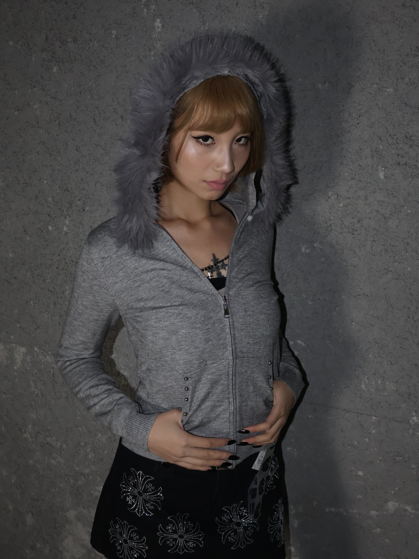 25-863 Fur Hood knit top　A394