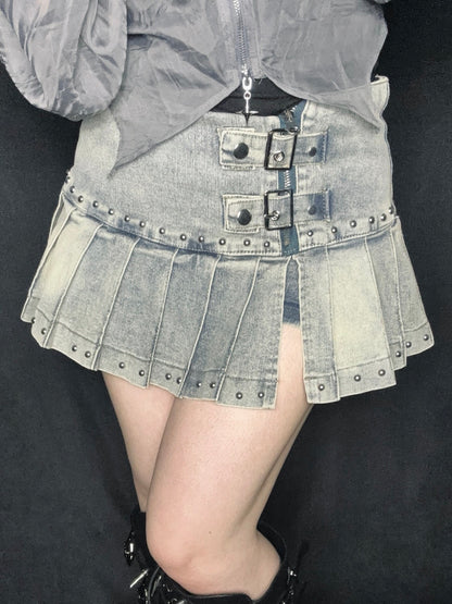 Pleat Denim Mini Skirt A527