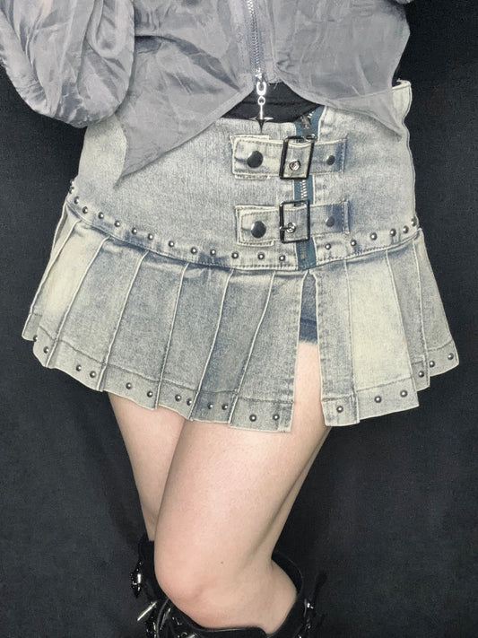 Pleat Denim Mini Skirt A527