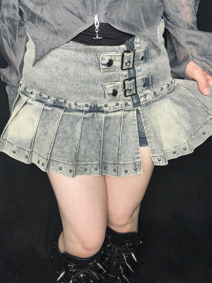Pleat Denim Mini Skirt A527