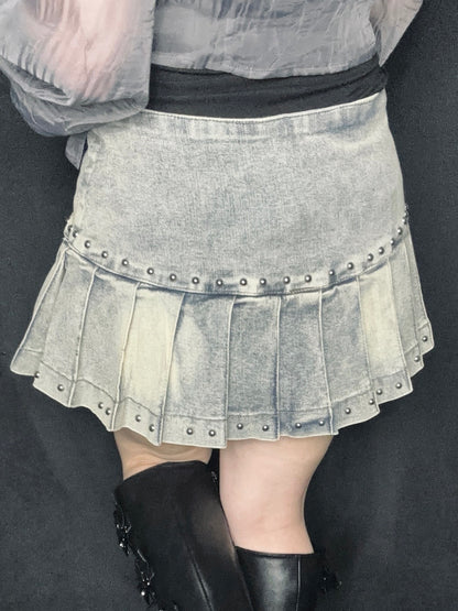 Pleat Denim Mini Skirt A527