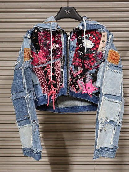 Pink Riot Patchwork Denim Hoodie RA1016