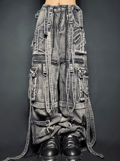 Strap Cargo Denim Pants A569