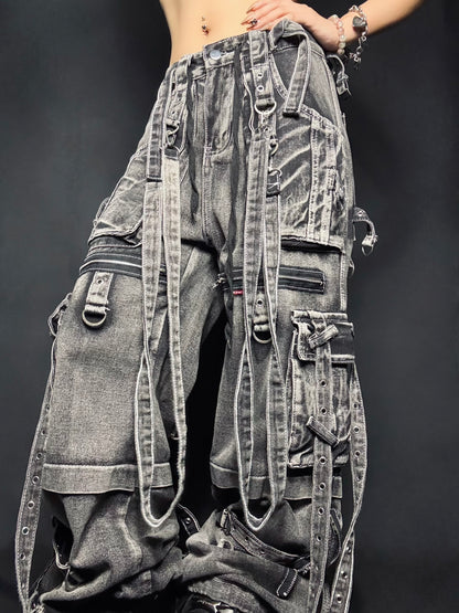 Strap Cargo Denim Pants A569