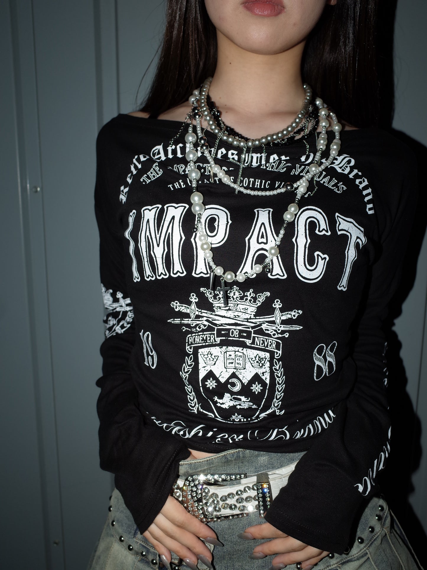 Cut Shoulder Graphic Long Sleeve  A565