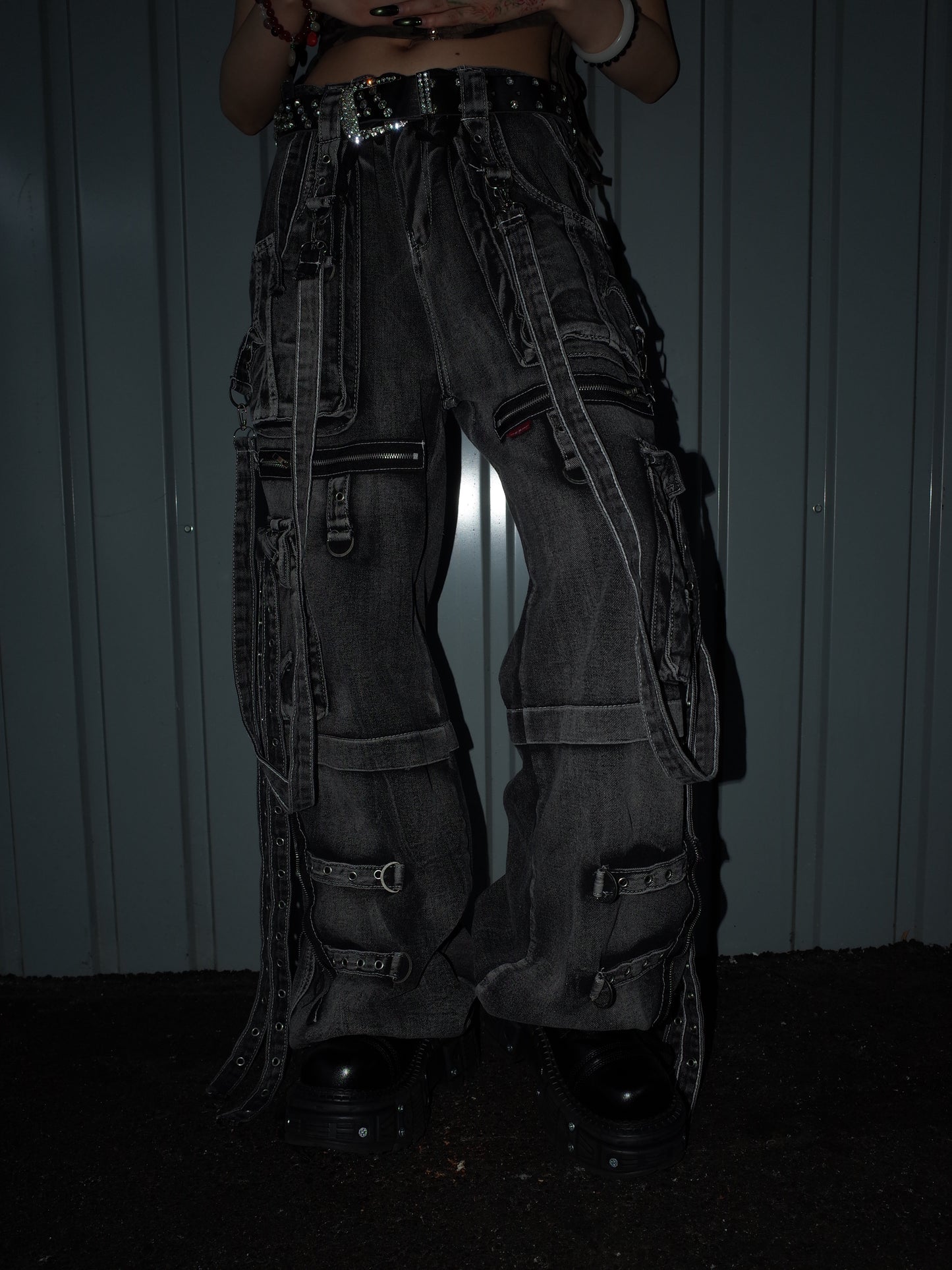 Strap Cargo Denim Pants A569