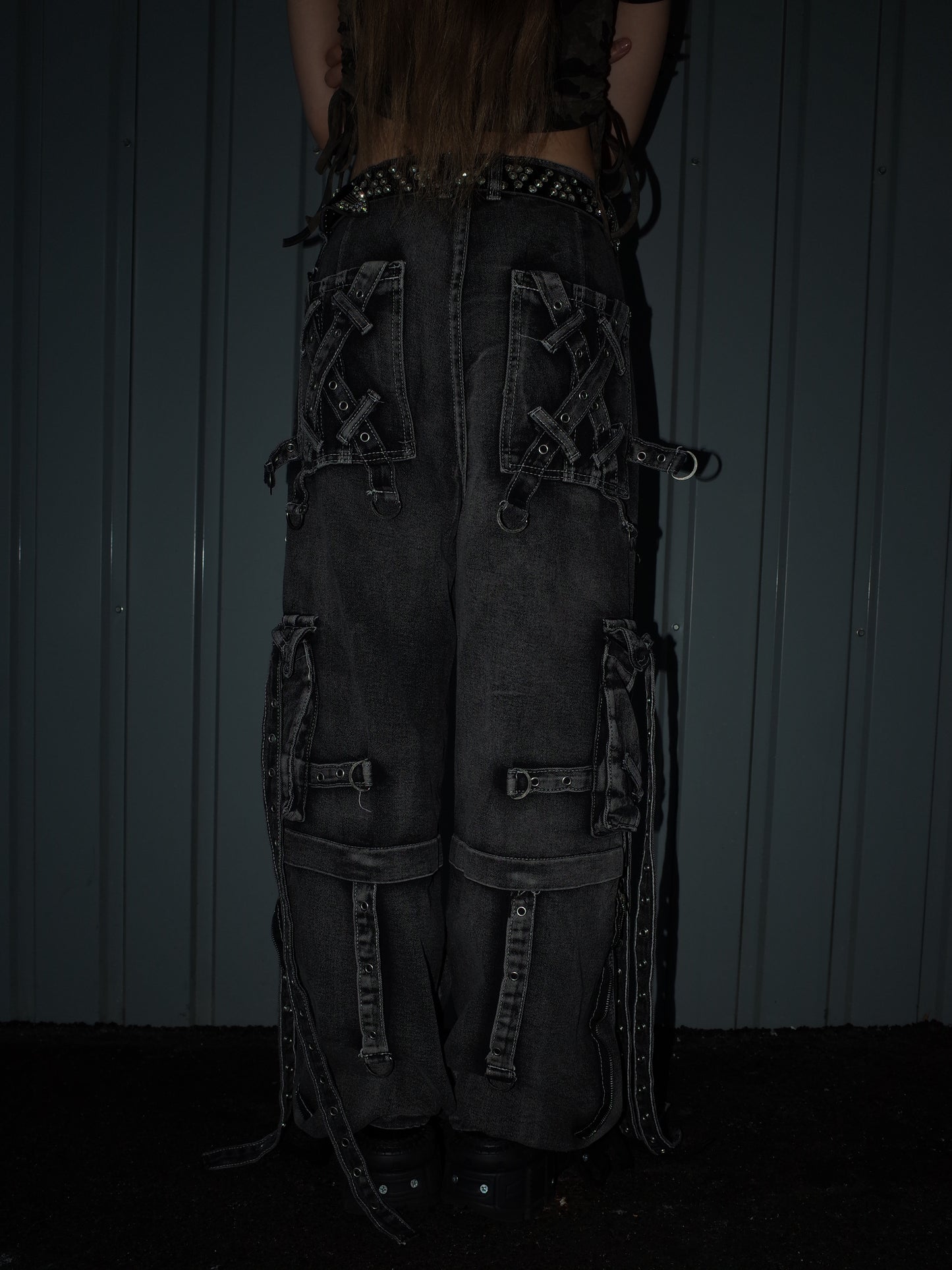 Strap Cargo Denim Pants A569