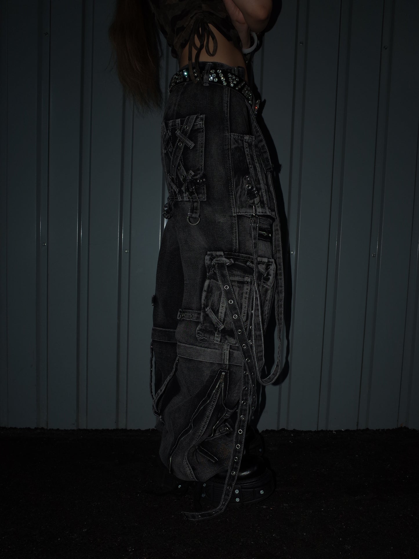 Strap Cargo Denim Pants A569