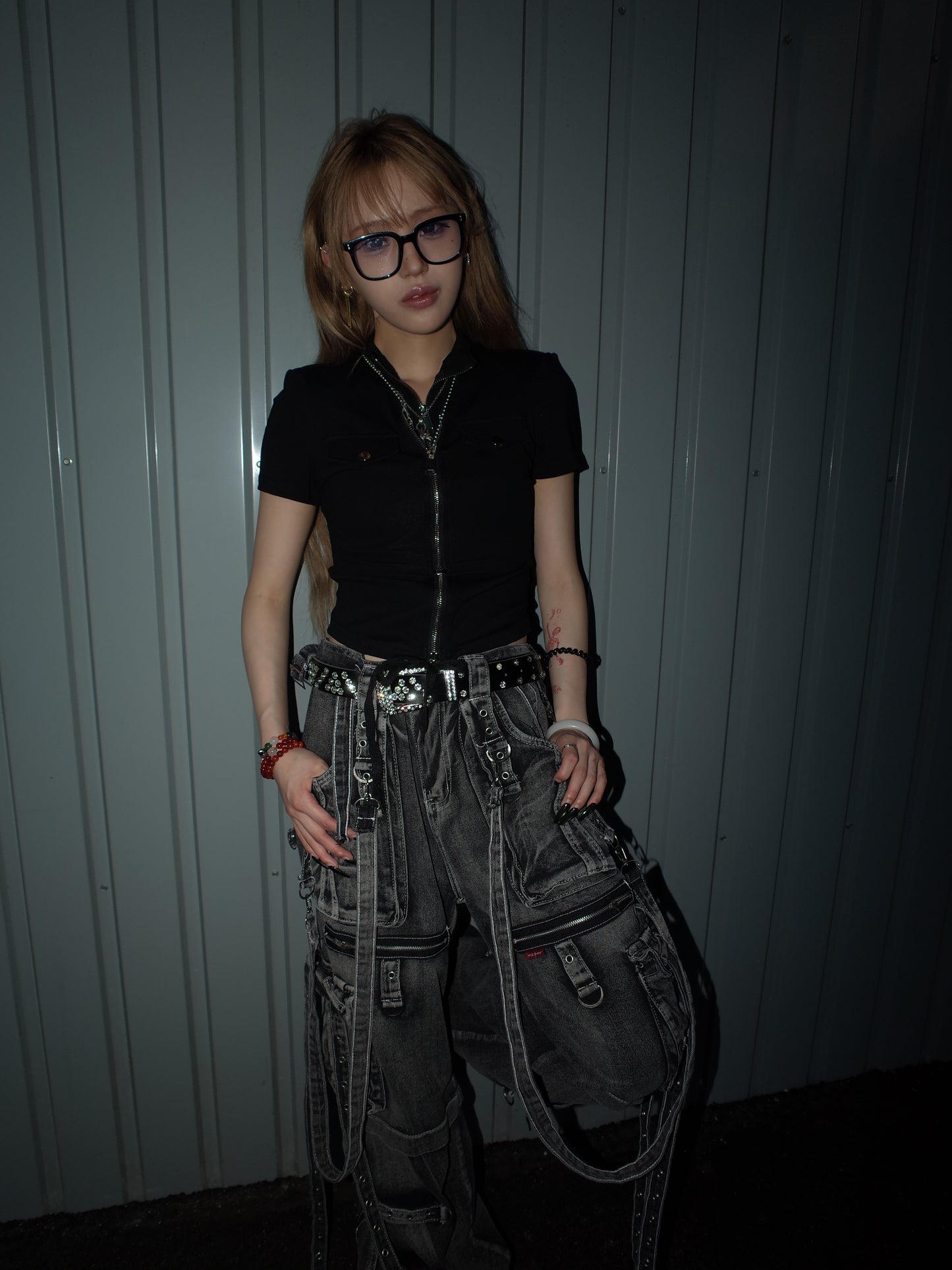 Strap Cargo Denim Pants A569