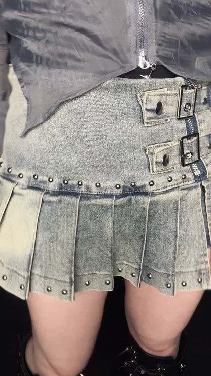 Pleat Denim Mini Skirt A527