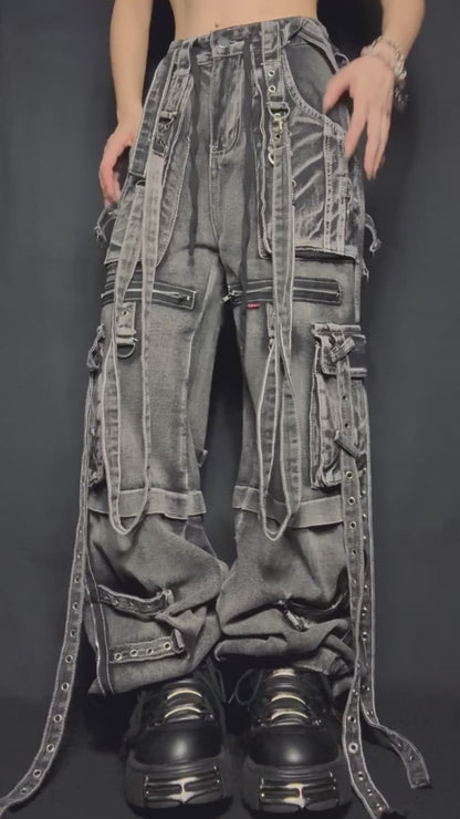 Strap Cargo Denim Pants A569